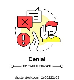 Denial multi color concept icon. Initial reaction to change. Refuse to believe and acknowledge. Five stages of grief. Round shape line illustration. Abstract idea. Graphic design. Easy to use