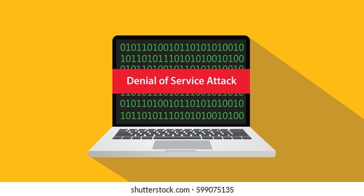 denial of service attack dos concept illustration with laptop comuputer and text banner on screen with flat style and long shadow