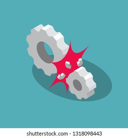 Denial of services (dos) attack symbol with broken gears, isolated on blue background. Flat design, easy to use for your website or presentation.