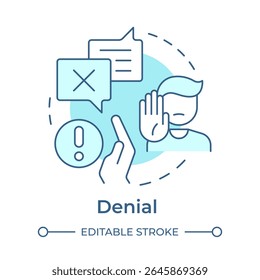 Denial soft blue concept icoon. Eerste reactie op verandering. Weigeren te geloven en te erkennen. Vijf stadia van verdriet. Ronde vorm lijn illustratie. Abstract idee. Grafisch ontwerp. Eenvoudig te gebruiken