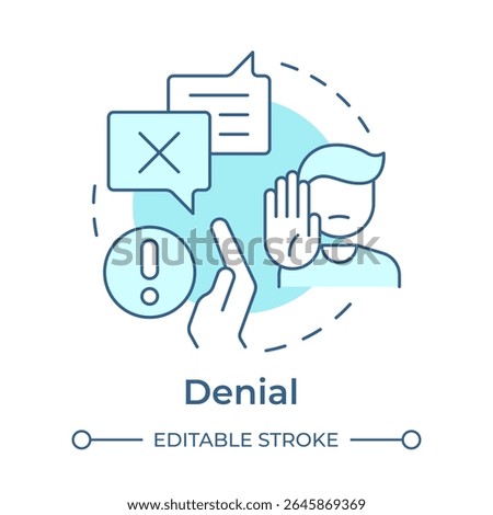 Denial soft blue concept icon. Initial reaction to change. Refuse to believe and acknowledge. Five stages of grief. Round shape line illustration. Abstract idea. Graphic design. Easy to use