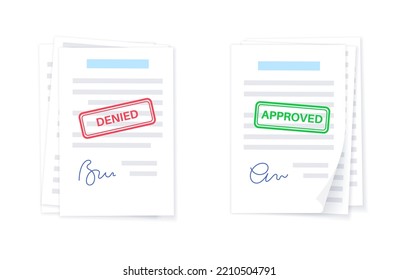 Denied And Approved Documents With Signature. Rejected And Accepted Sign On Paper Page. Agreement, Financial Report Or Invoice Concept. Realistic Sheet, Shadow Effect. Paperwork Vector Illustration