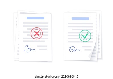 Denied And Approved Documents With Signature. Rejected And Accepted Sign On Paper Page. Agreement, Financial Report Or Invoice Concept. Realistic Sheet, Shadow Effect. Paperwork Vector Illustration