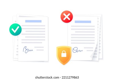 Denied And Approved Documents With Signature. Rejected And Accepted Sign On Paper Page. Agreement, Financial Report Or Invoice Concept. Realistic Sheet, Shadow Effect. Paperwork Vector Illustration