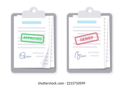 Denied And Approved Documents With Signature. Rejected And Accepted Sign On Paper Page. Agreement, Financial Report Or Invoice Concept. Realistic Sheet, Shadow Effect. Paperwork Vector Illustration