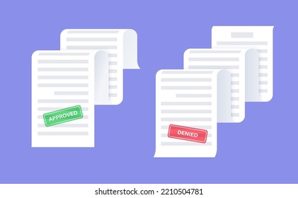 Denied And Approved Long Documents. Rejected And Accepted Contract. License With Decline Or Confirm Sign. Agreement Or Resume. Realistic Sheet With Shadow Effect. Paperwork Concept Vector Illustration