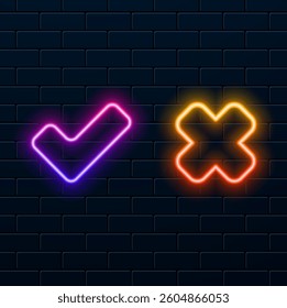 denied icon. checked neon. neon style. selection. disapproved icon. Wrong symbol icon vector.