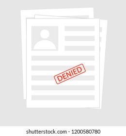 Denied reject document with stamp. Grey application concepts. Top view. Modern flat design graphic elements for web banners, websites, infographics. Vector illustration paper document with photo id