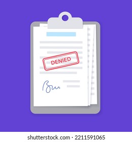 Denied Stamp On Document Paper Page, Rejected Contract. License With Decline Sign And Signature. Agreement, Financial Report Or Invoice. Realistic Sheet, Shadow Effect. Paperwork Vector Illustration