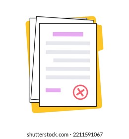 Denied Stamp On Document Paper Page, Rejected Contract On Folder. License With Decline Sign. Agreement, Financial Report. Realistic Sheet, Shadow Effect. Paperwork Concept Flat Vector Illustration.