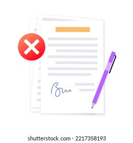 Denied Stamp On Document Paper Page, Rejected Contract. License With Decline Sign And Signature. Agreement, Financial Report Or Invoice. Realistic Sheet, Shadow Effect. Paperwork Vector Illustration