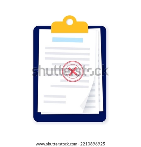 Denied stamp on document paper page, rejected contract on clipboard. License with decline sign. Agreement, financial report. Realistic sheet, shadow effect. Paperwork concept flat vector illustration.