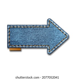 Denim arrow shape with stitches. Jeans patch with seam. Vector realistic illustration on white background.