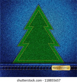 A denim background with an applique Christmas tree and a tab wishing a Merry Christmas. EPS10 vector format.