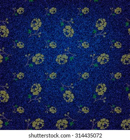 Denim background with embroidered pattern of yellow roses