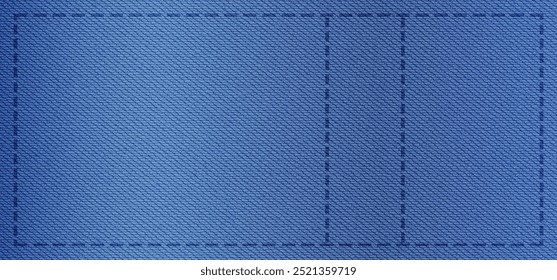 Denim background, jeans texture, blue fabric material pattern, cloth cotton textile design. Fashion seam border. Abstract vector illustration