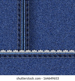 Denim background with lace. Vector illustration.