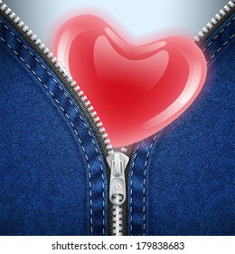 Denim background with open zipper and red heart