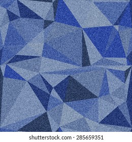 Denim background with seamless polygonal pattern. Various shades of blue. Vector illustration.