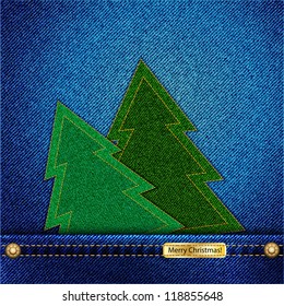 A denim background with stitched Christmas tree emerging from pocket and a tab wishing a Merry Christmas. EPS10 vector format.