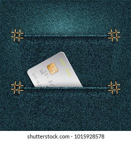 Denim background with two pockets and credit card. Vector illustration.