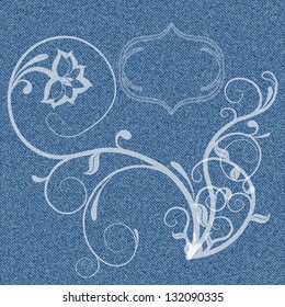 Denim background with white curls and delicate vignette for text. Vector illustration