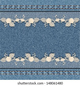 Denim background with white floral lace. Vector illustration