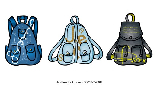 Denim mochilas con una impresión. Ilustración del vector de color. Un conjunto de 3 dibujos.