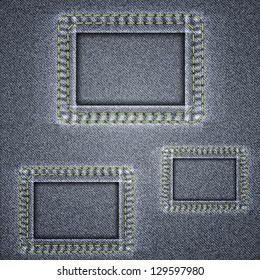 Denim black background with three square stitched elements. Vector illustration.