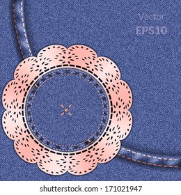 Denim blue background. Circle with lace. Vector illustration.