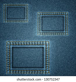 Denim blue background with three square stitched elements. Vector illustration.