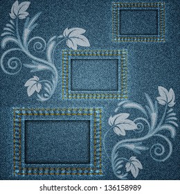 Denim blue background with three square elements and printed white floral pattern. Vector illustration.