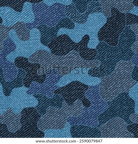 Denim blue camouflage seamless pattern. Classic camouflage stains with denim fabric texture. For clothing design.
