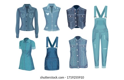 Denim Blue Clothing Items as Womenswear with Denim Vest and Jumpsuit Vector Set