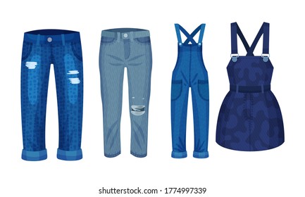 Denim Blue Clothing Items as Womenswear with Denim Jumpsuit and Pair of Jeans Vector Set