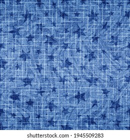 Denim blue color. Star seamless pattern. Indigo texture. Repeat stars background. Repeated jeans modern fabric. Abstract patern. Repeating irregular creative stars. Mark mottled design prints. Vector