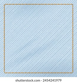 Denim blue jean light wash textile pattern on square background with gold seams border vector illustration.