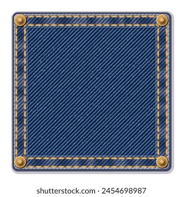 Denim blue jean pattern square badge isolated with gold seams, crease and brass pins vector illustration.