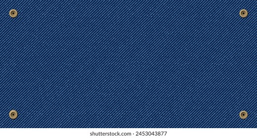 Denim blue jean textile with brass pins vector illustration. Regular blue jean pattern background.