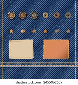 Denim blue jean textile pattern template with clothing accessory isolated elements and leather badge for decoration vector illustration.