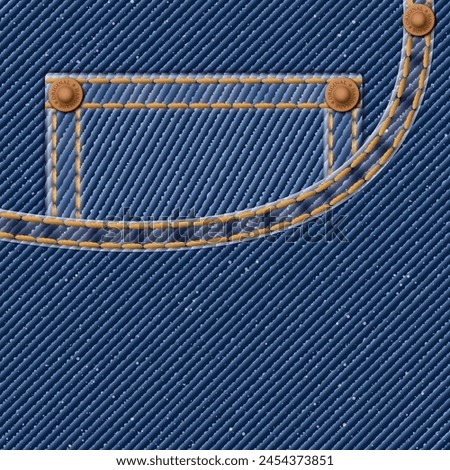 Denim blue jean textile pattern on square background with pocket, gold seams, crease and brass pins vector illustration.