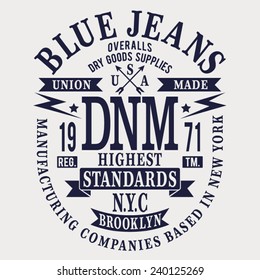 Denim blue jeans typography, t-shirt graphics, vectors