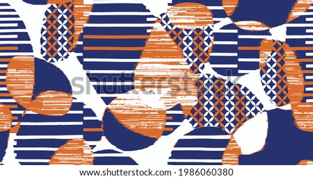 Denim blue patchwork stripe woven texture. Washed out vintage printed cotton textile effect. Patched jean home decor soft furnishing background. Scandi quilt stitch all over fabric print material.