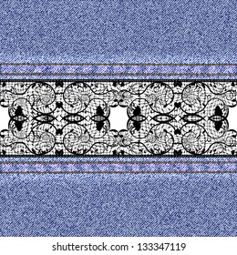 Denim bright background with black lace and a body part. Vector illustration