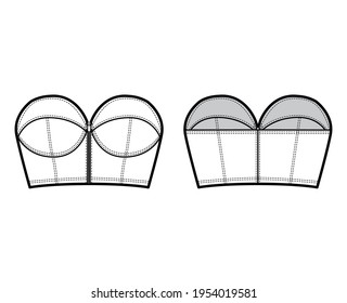 Denim bustier top technical fashion illustration with zip-up closure, cups strapless , slim fit, crop length. Flat bra template front, back, white color style. Women, men, unisex CAD mockup