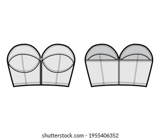 Denim bustier top technical fashion illustration with zip-up closure, cups strapless , slim fit, crop length. Flat bra template front, back, grey color style. Women, men, unisex CAD mockup