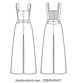 Denim Button-Delantero Dungaree ancho Traje de piernas planas planas de dibujo técnico. Moda técnica Jumpsuit Ilustración, vista frontal y posterior, blanco, conjunto de simulación CAD.