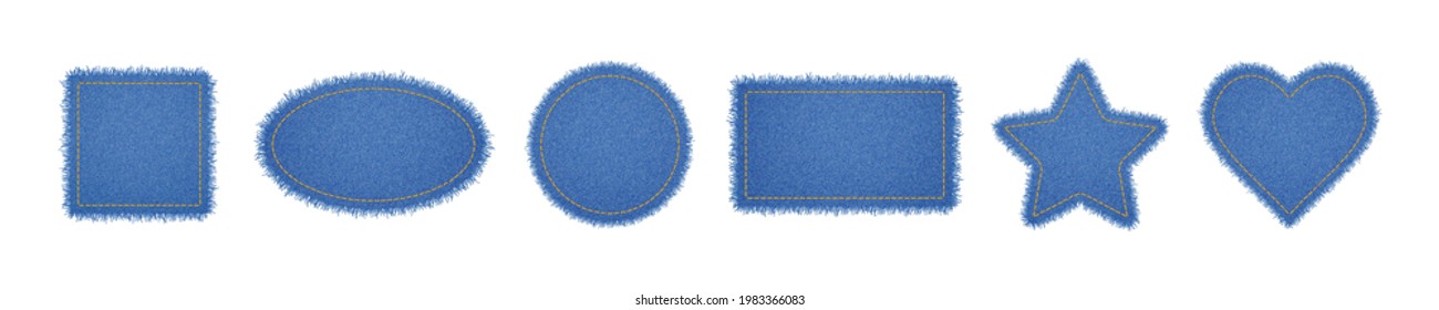 Denim circle, heart, rectangle, ellipse and star shapes with stitches. Torn jean patches with seam. Vector realistic illustration on white background.