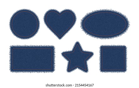 Denim circle, heart, rectangle, ellipse and star shapes with stitches. Torn jean patches with seam. Vector realistic illustration on white background.