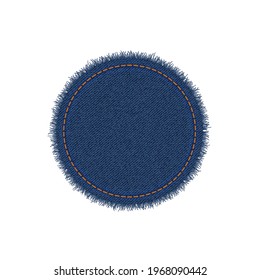 Denim circle shape with stitches. Torn jean patch with seam. Vector realistic illustration on white background.